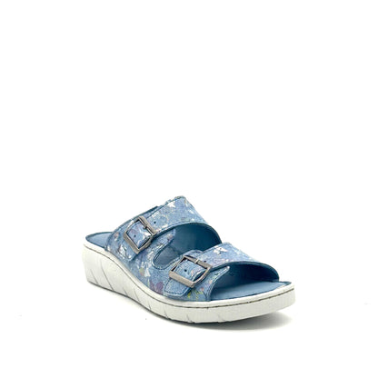 BONAVI Patra leather floral print double buckle slide sandal in camel
Blue