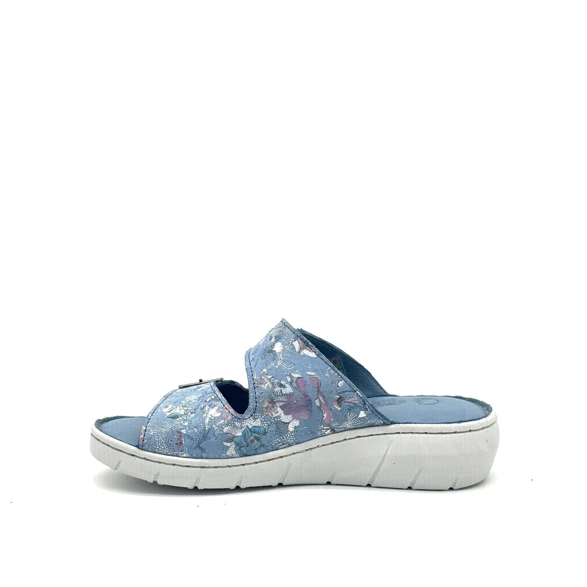 BONAVI Patra leather floral print double buckle slide sandal in camel
Blue