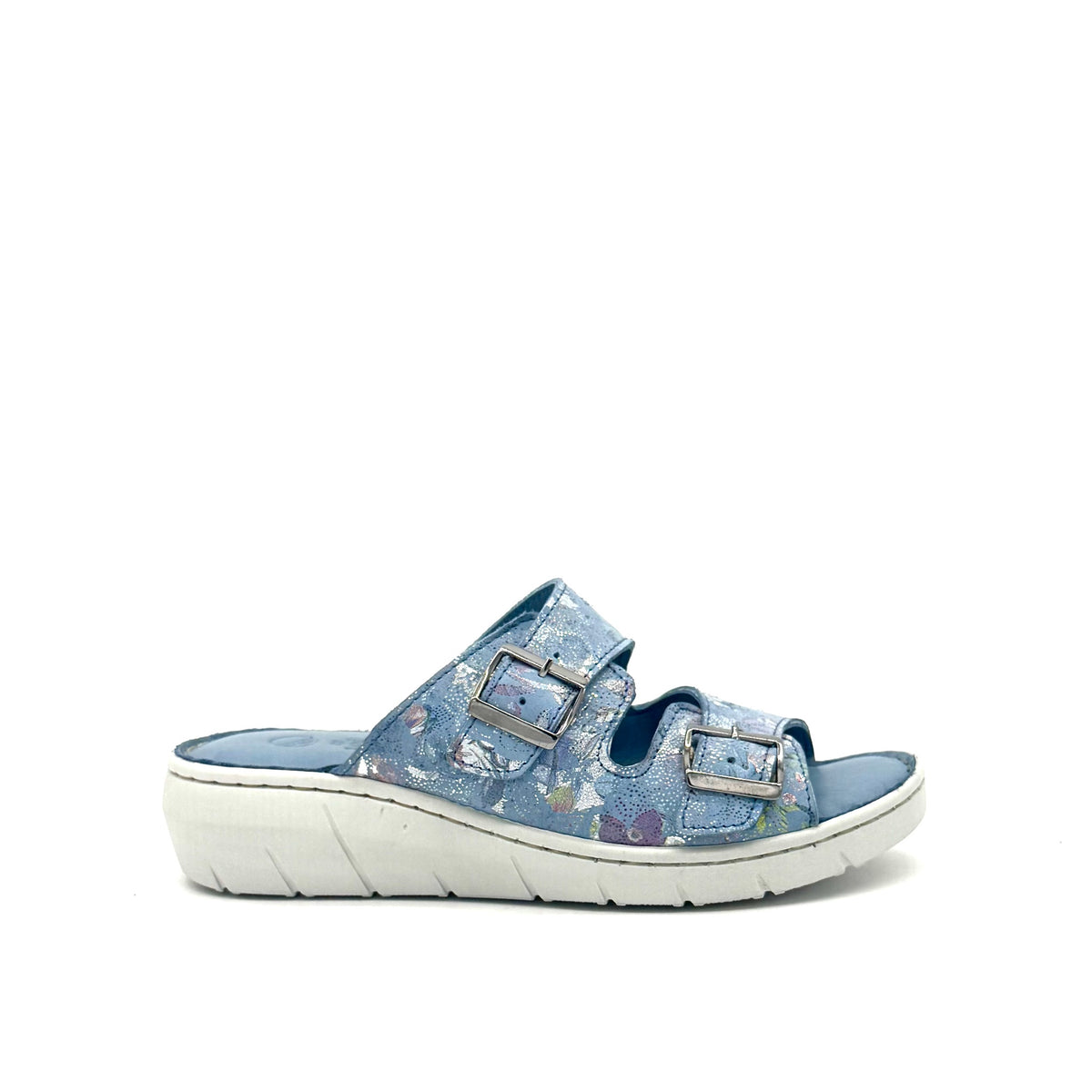 BONAVI Patra leather floral print double buckle slide sandal in camel
Blue