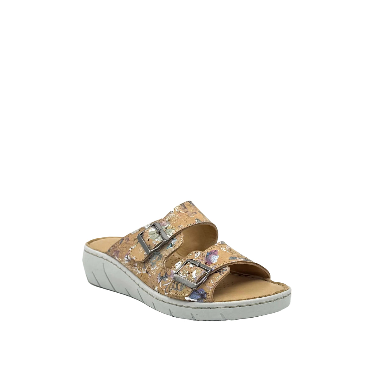 BONAVI Patra leather floral print double buckle slide sandal in camel