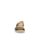 BONAVI Patra leather floral print double buckle slide sandal in camel