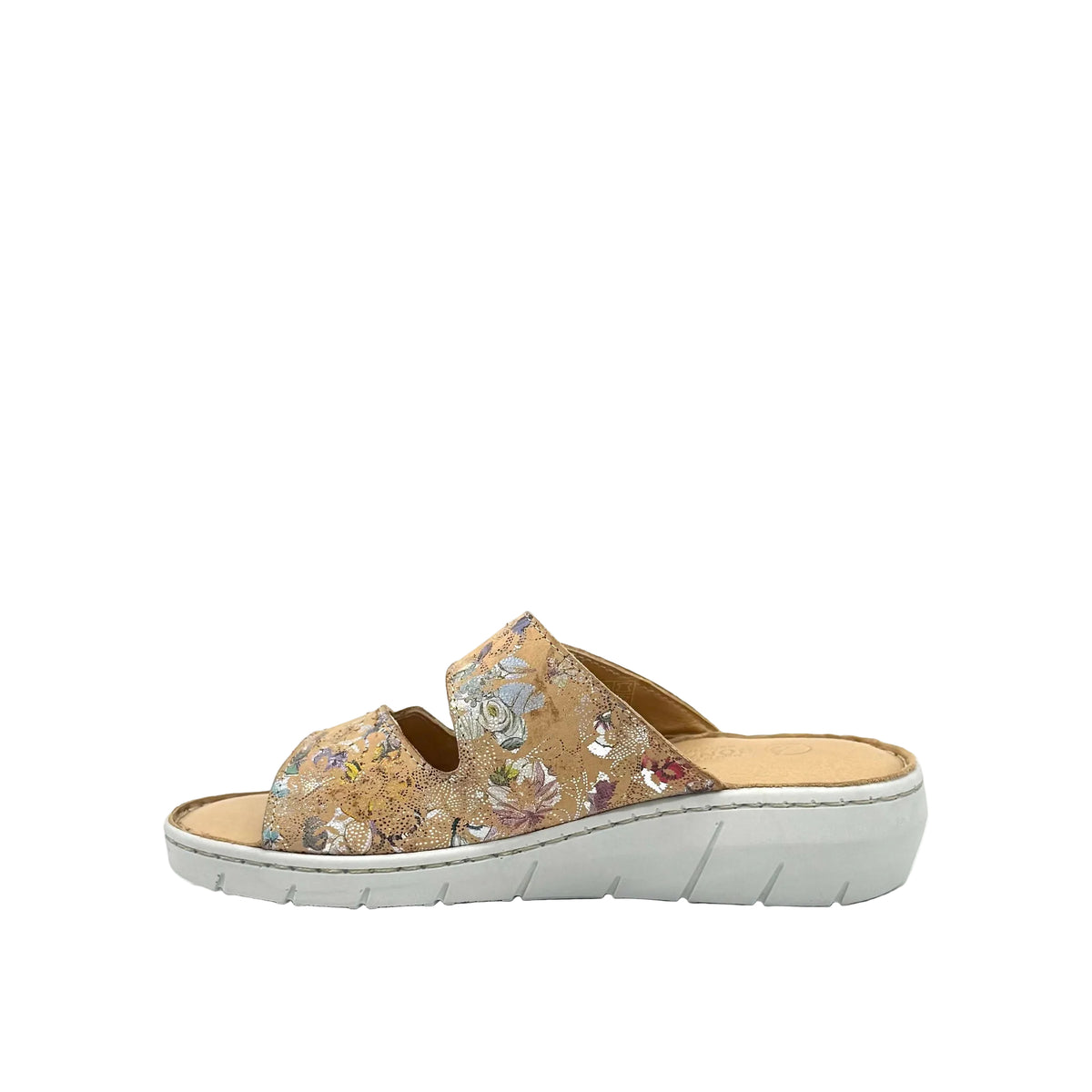 BONAVI Patra leather floral print double buckle slide sandal in camel