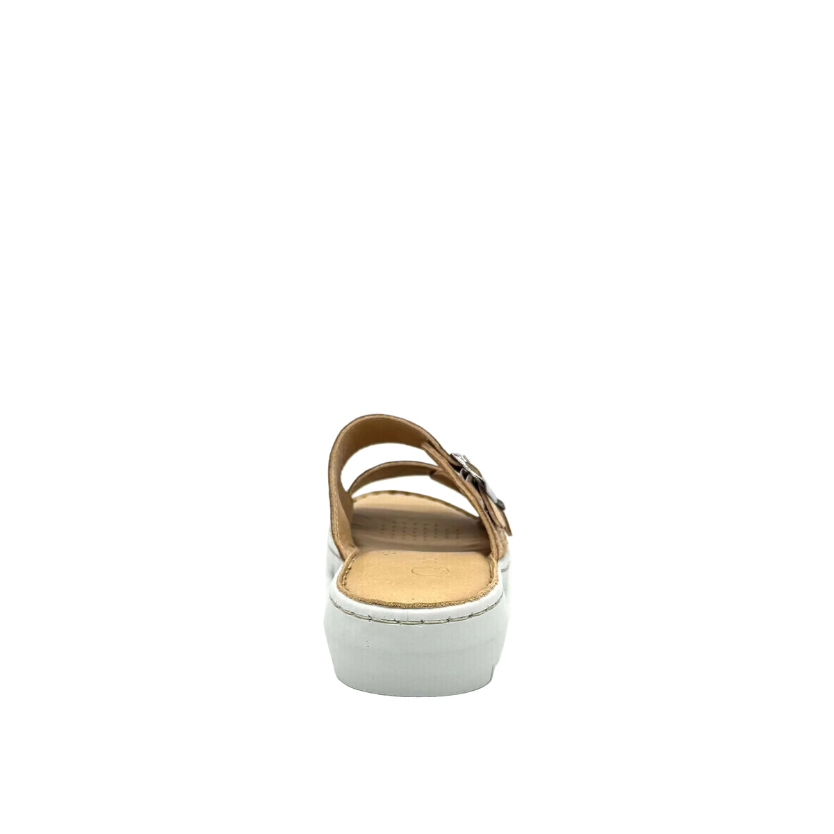 BONAVI Patra leather floral print double buckle slide sandal in camel