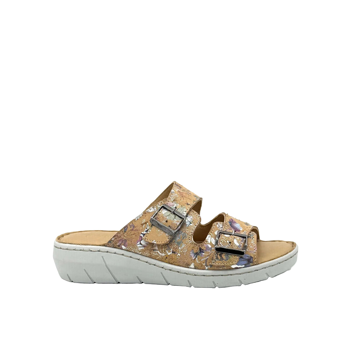 BONAVI Patra leather floral print double buckle slide sandal in camel