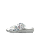 BONAVI Patra leather floral print double buckle slide sandal in white