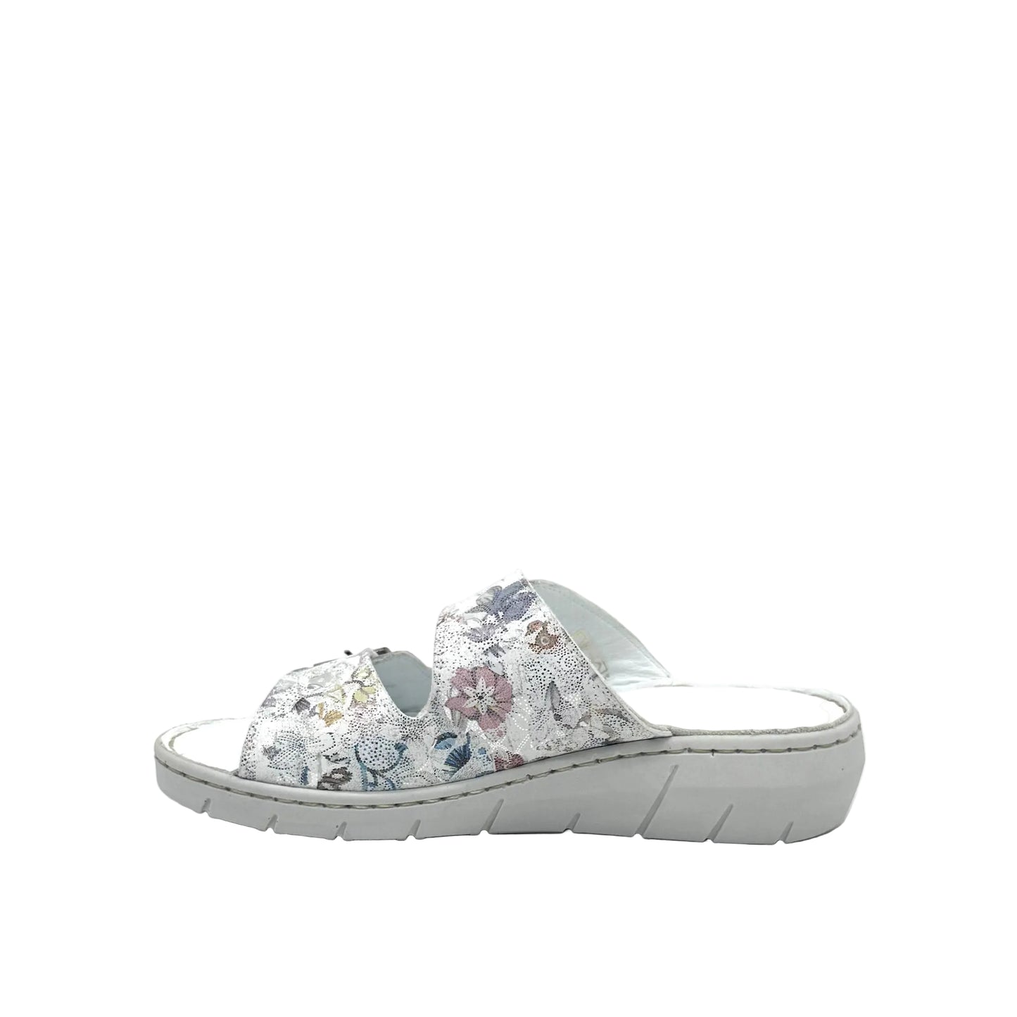 BONAVI Patra leather floral print double buckle slide sandal in white