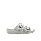 BONAVI Patra leather floral print double buckle slide sandal in white