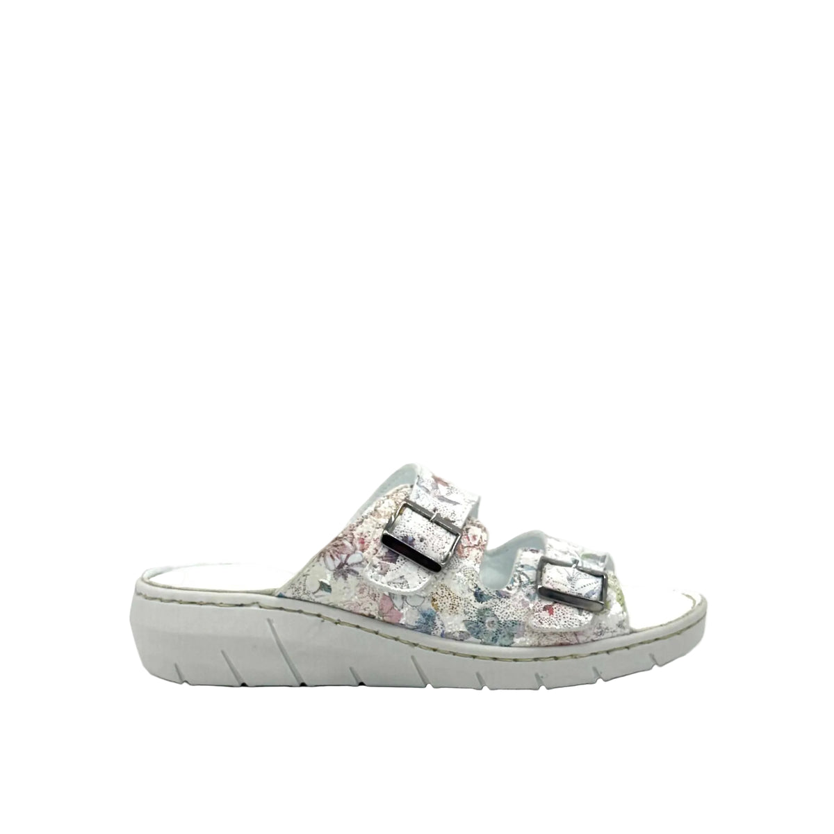 BONAVI Patra leather floral print double buckle slide sandal in white