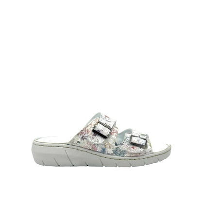 BONAVI Patra leather floral print double buckle slide sandal in white