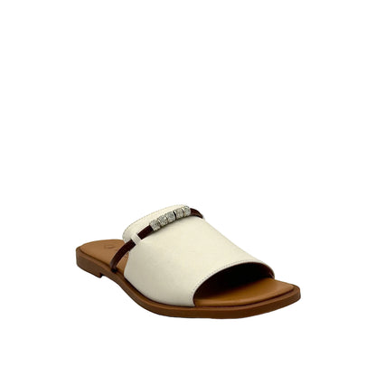 BONAVI Pirgi beige leather slide sandals for women with cushioned footbed and flexible rubber sole