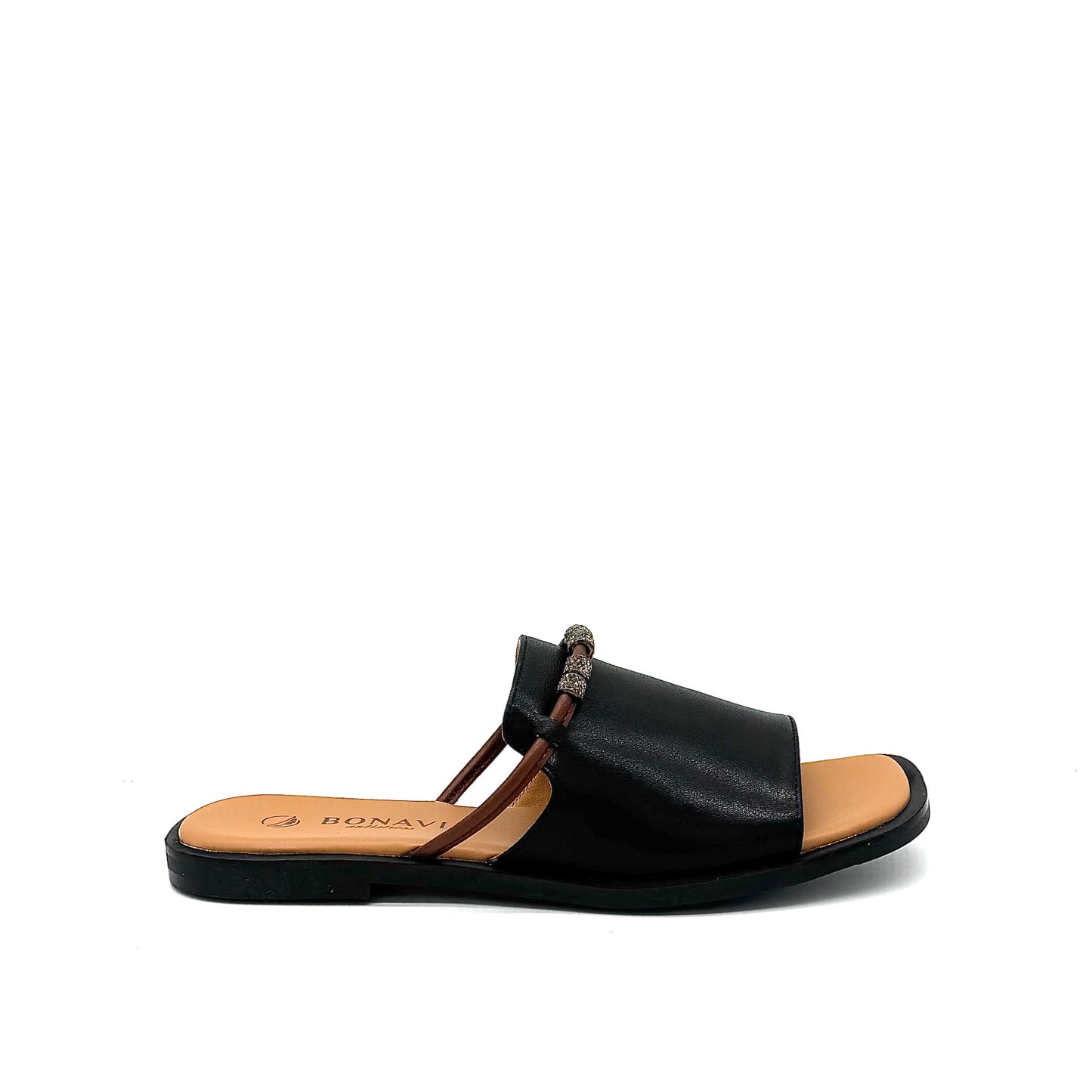 BONAVI Pirgi black leather slide sandals for women with minimal design and cushioned insole
