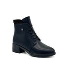 BONAVI Raven genuine leather lace-up boot in black with rhinestone collar detail, angled view
