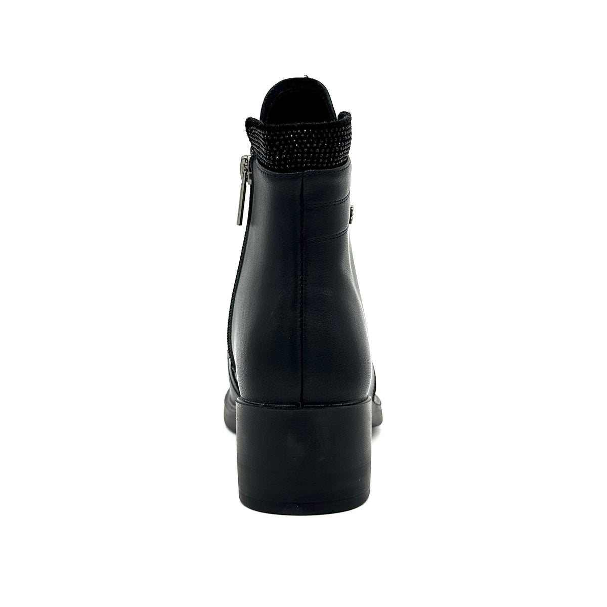 BONAVI Raven genuine leather lace-up boot in black with rhinestone collar detail, rear view