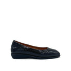 BONAVI Simone genuine leather snake-embossed pointed toe flat in black with low wedge heel