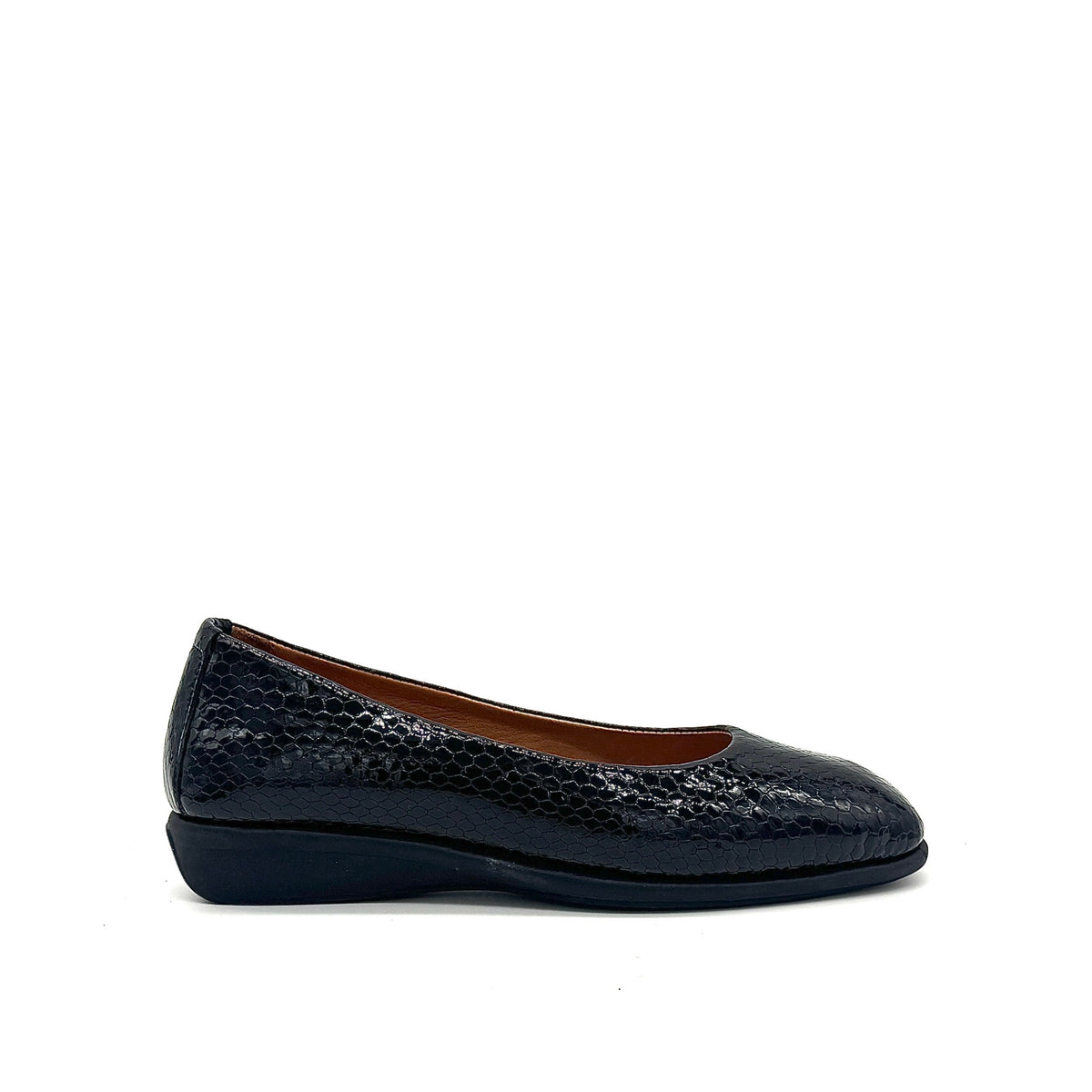 BONAVI Simone genuine leather snake-embossed pointed toe flat in black with low wedge heel