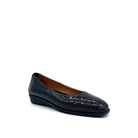 BONAVI Simone genuine leather snake-embossed pointed toe flat in black with low wedge heel