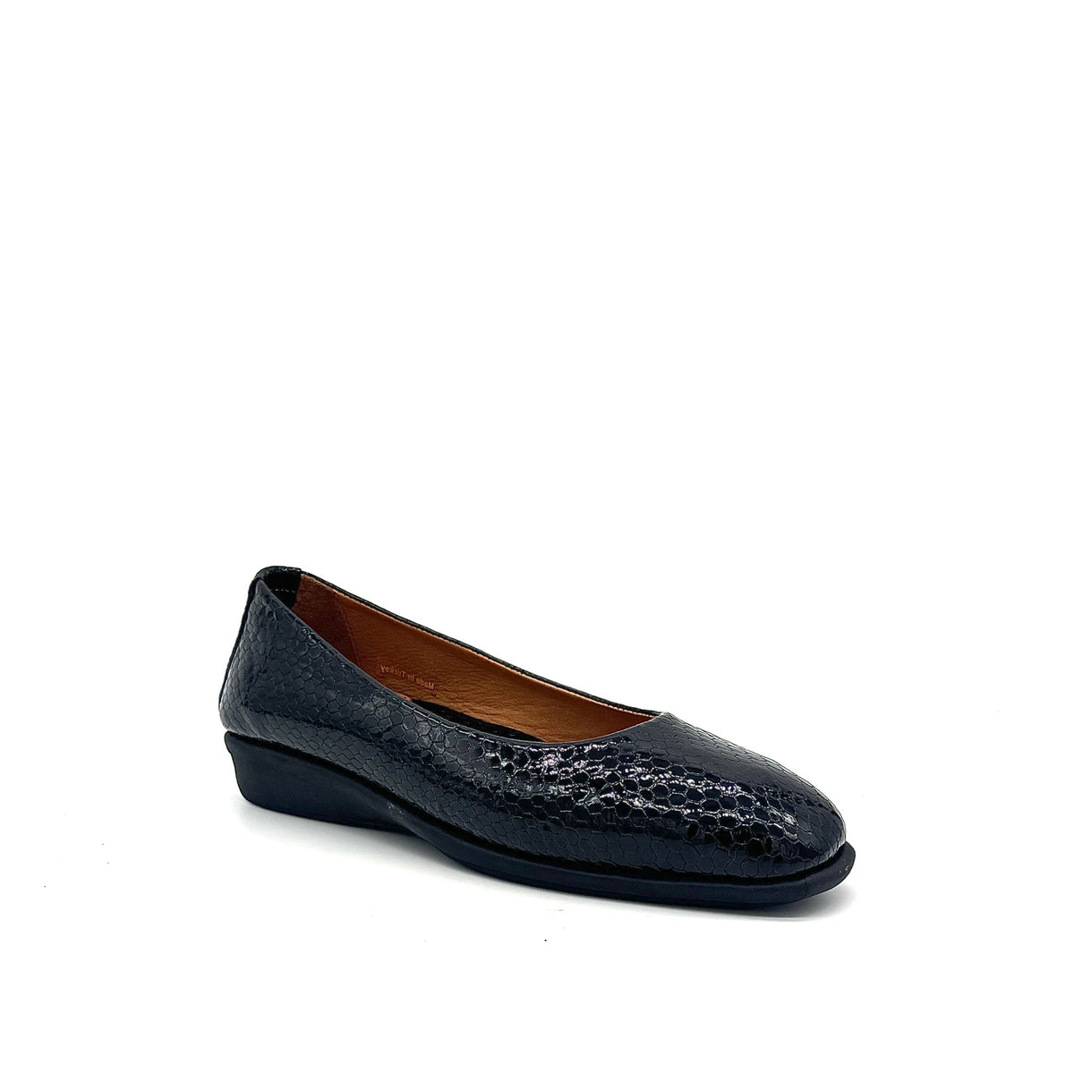BONAVI Simone genuine leather snake-embossed pointed toe flat in black with low wedge heel