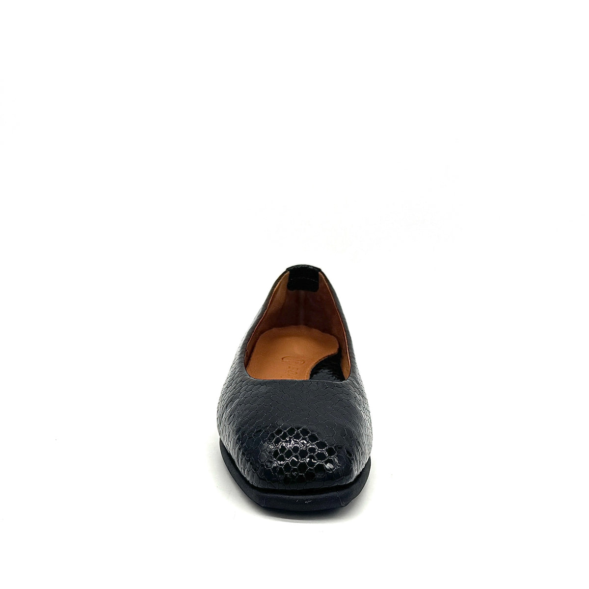 BONAVI Simone genuine leather snake-embossed pointed toe flat in black with low wedge heel