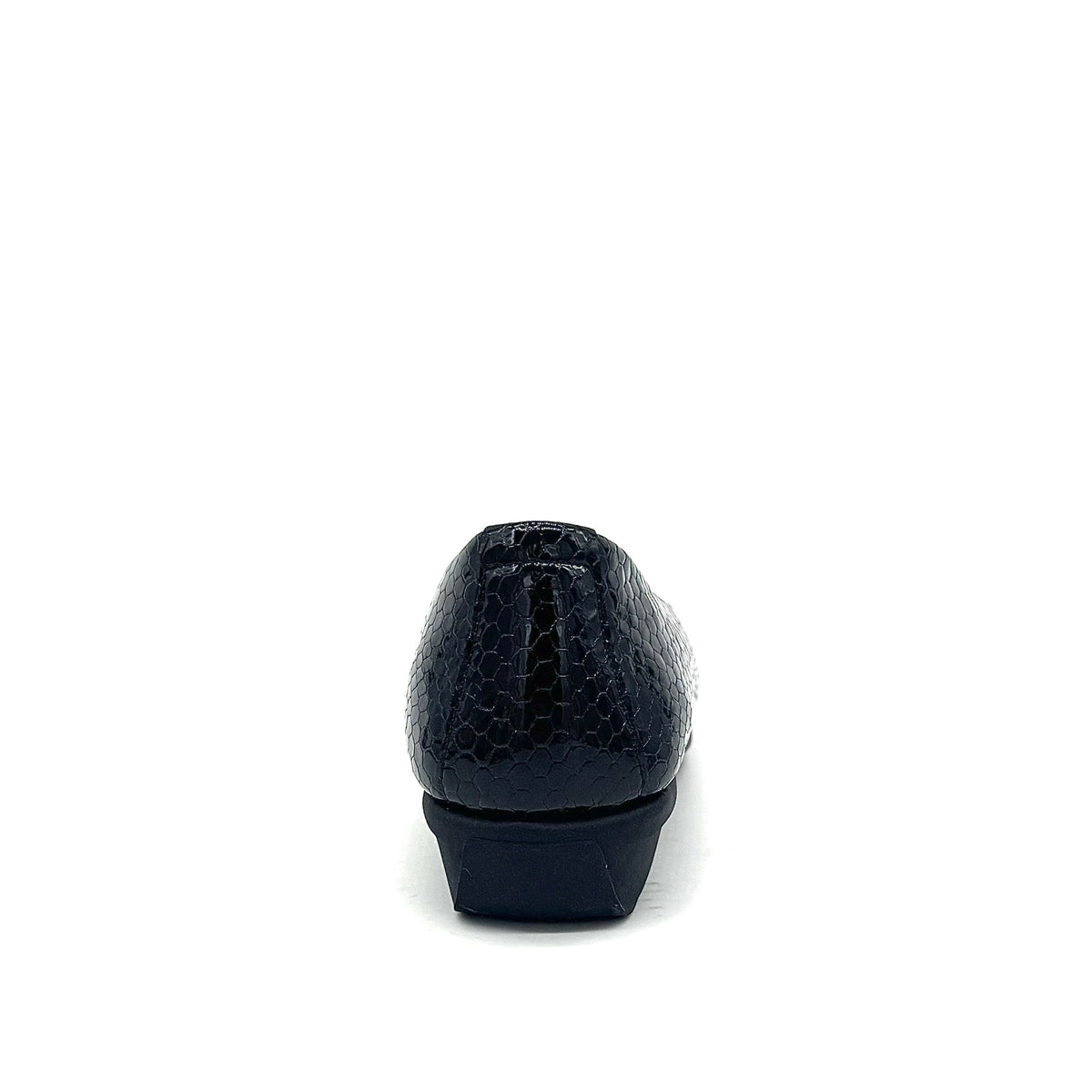 BONAVI Simone genuine leather snake-embossed pointed toe flat in black with low wedge heel
