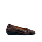 BONAVI Simone genuine leather snake-embossed pointed toe flat in brown with low wedge heel