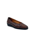 BONAVI Simone genuine leather snake-embossed pointed toe flat in brown with low wedge heel