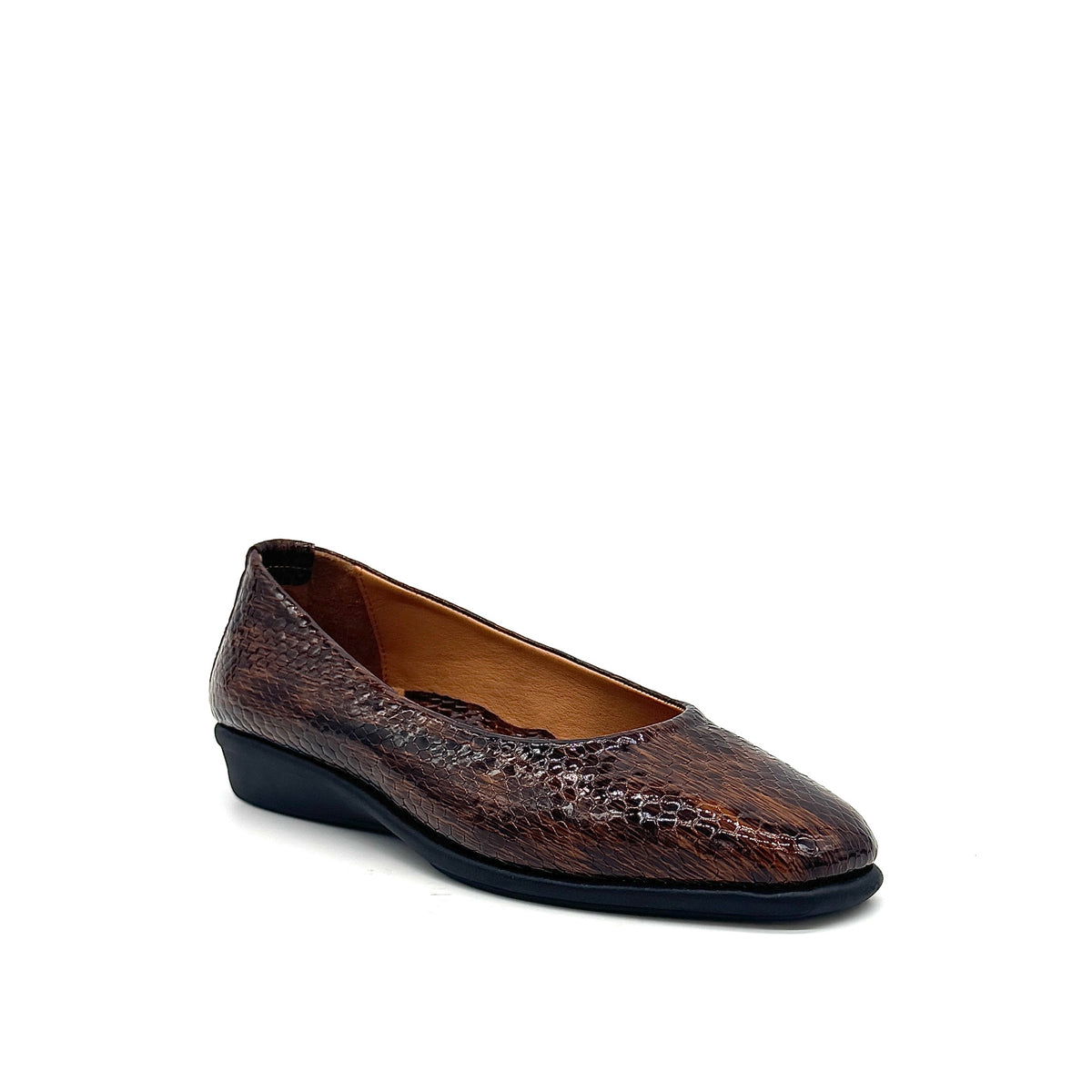BONAVI Simone genuine leather snake-embossed pointed toe flat in brown with low wedge heel