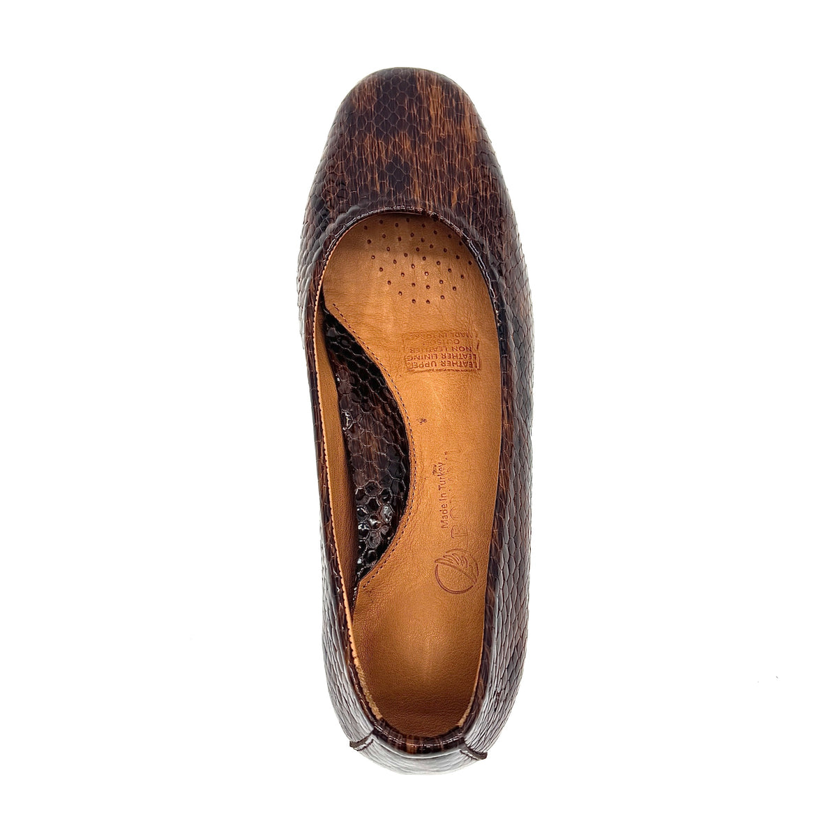 BONAVI Simone genuine leather snake-embossed pointed toe flat in brown with low wedge heel