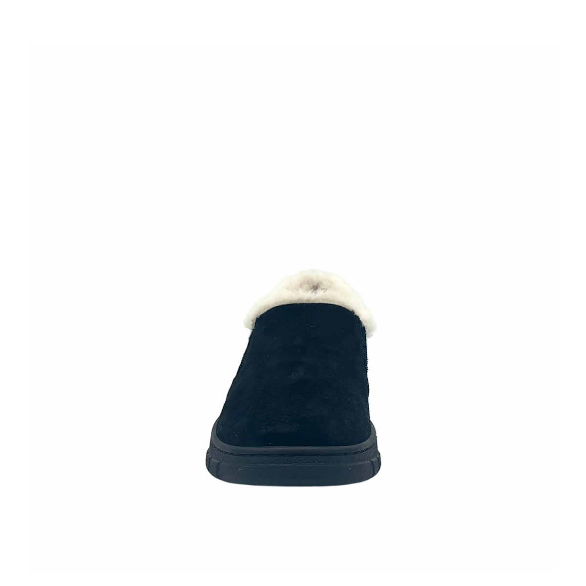 BONAVI Tiffany suede slip-on shoe in black with natural fur trim, elastic side panels and lug sole, front view