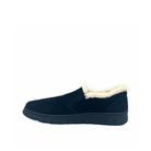 BONAVI Tiffany suede slip-on shoe in black with natural fur trim, elastic side panels and lug sole, inside profile