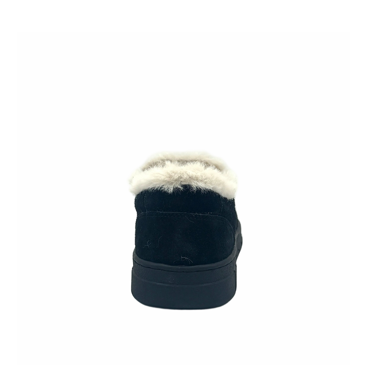 BONAVI Tiffany suede slip-on shoe in black with natural fur trim, elastic side panels and lug sole, rear view