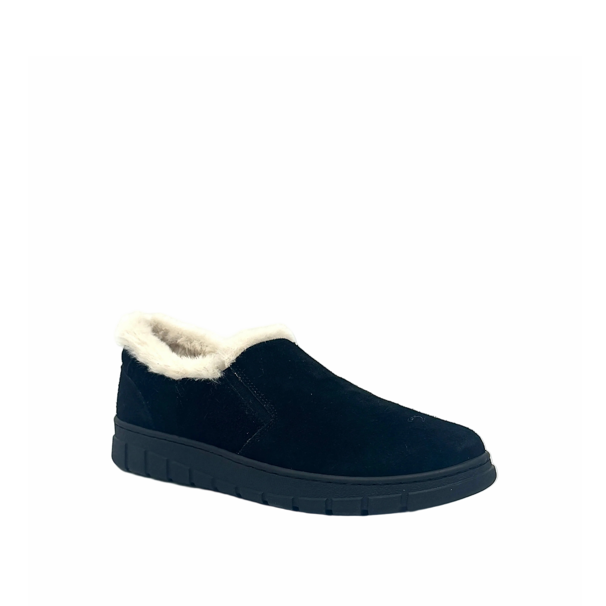 BONAVI Tiffany suede slip-on shoe in black with natural fur trim, elastic side panels and lug sole, three-quarter view