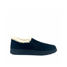 BONAVI Tiffany suede slip-on shoe in black with natural fur trim, elastic side panels and lug sole, side view