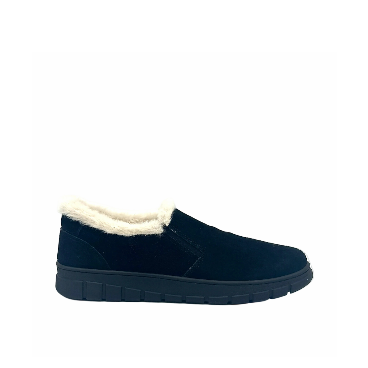 BONAVI Tiffany suede slip-on shoe in black with natural fur trim, elastic side panels and lug sole, side view