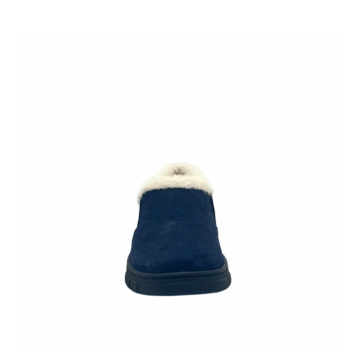 BONAVI Tiffany suede slip-on shoe in navy with natural fur trim, elastic side panels and lug sole, front view