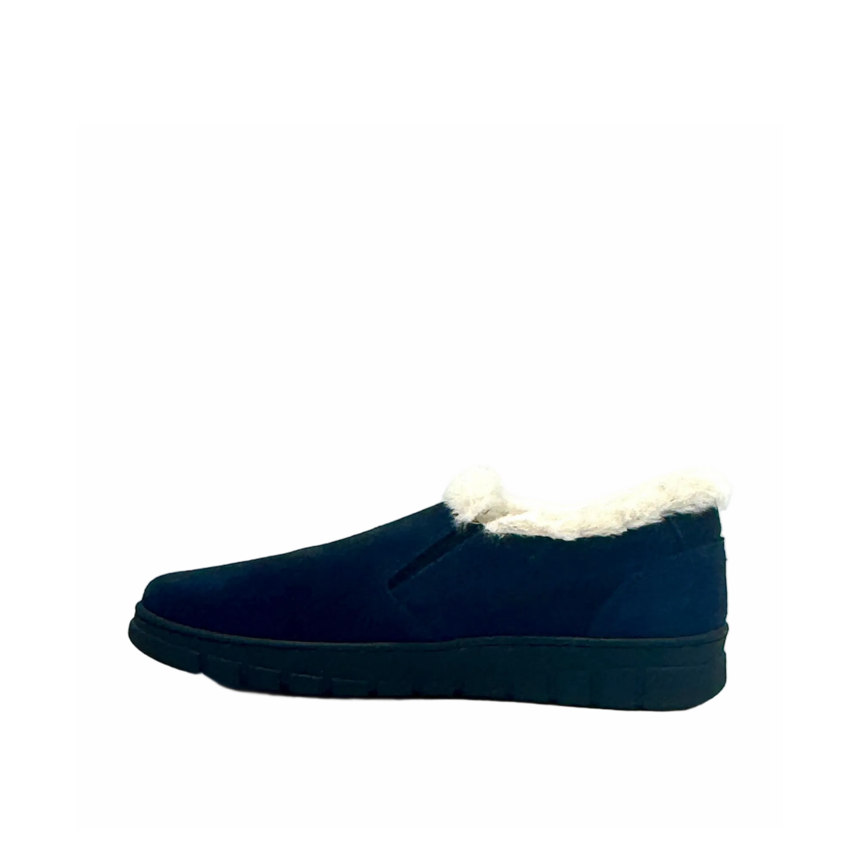 BONAVI Tiffany suede slip-on shoe in navy with natural fur trim, elastic side panels and lug sole, inside profile