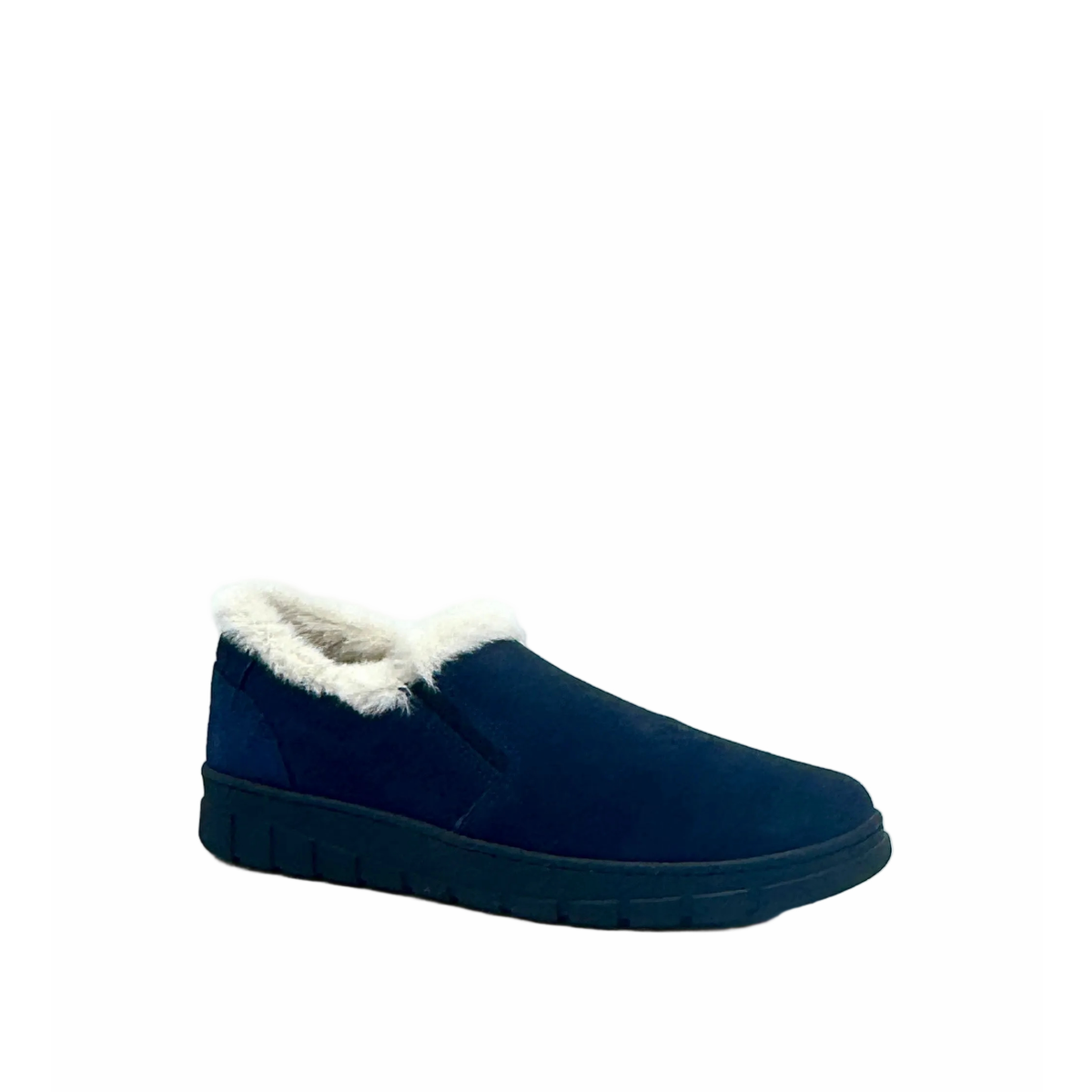 BONAVI Tiffany suede slip-on shoe in navy with natural fur trim, elastic side panels and lug sole, three-quarter view