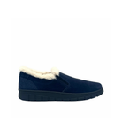 BONAVI Tiffany suede slip-on shoe in navy with natural fur trim, elastic side panels and lug sole, side view