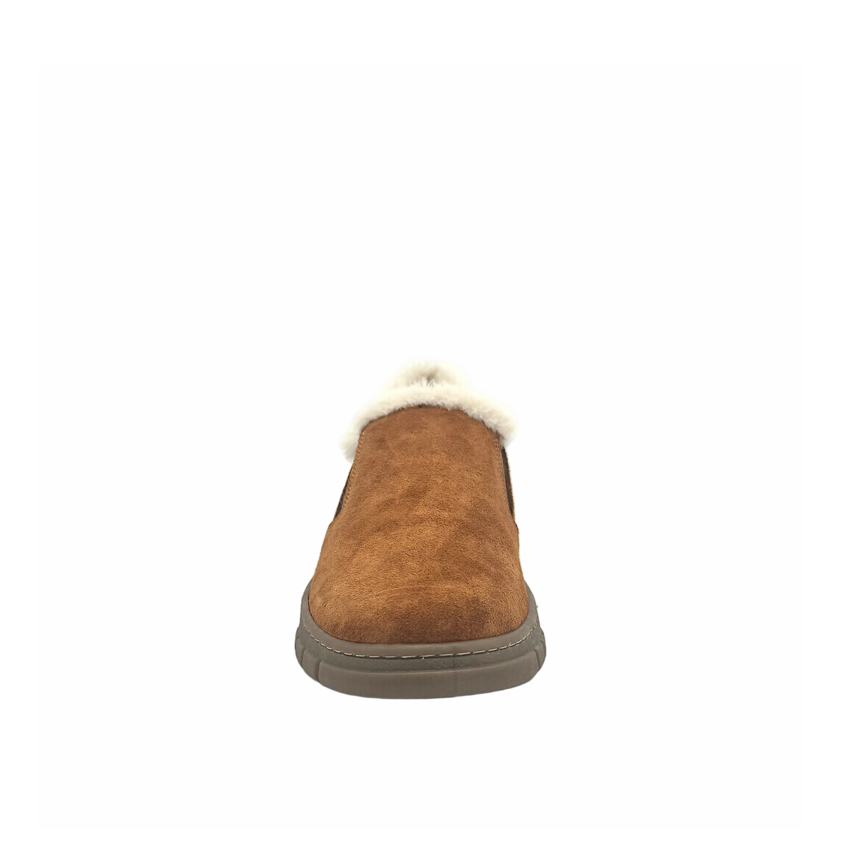 BONAVI Tiffany suede slip-on shoe in tan with natural fur trim, elastic side panels and lug sole, front view