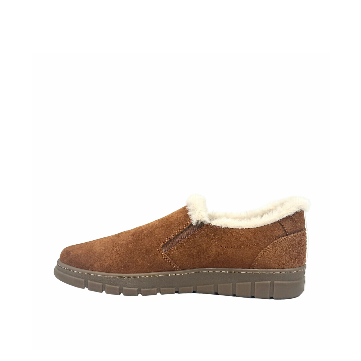 BONAVI Tiffany suede slip-on shoe in tan with natural fur trim, elastic side panels and lug sole, inside profile
