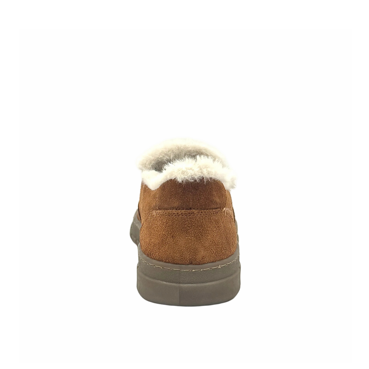 BONAVI Tiffany suede slip-on shoe in tan with natural fur trim, elastic side panels and lug sole, rear view