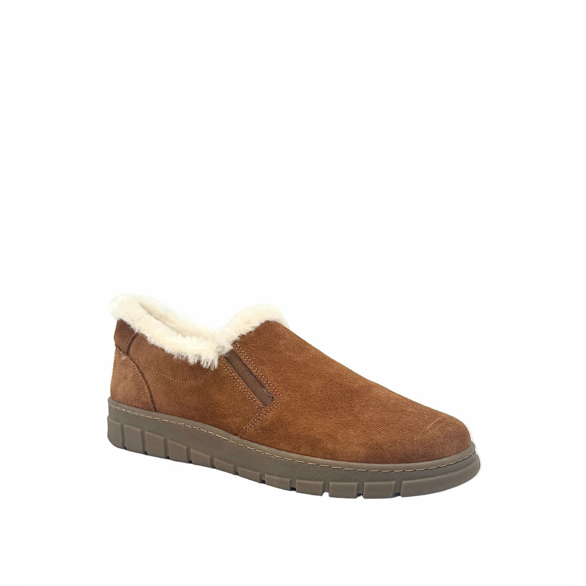 BONAVI Tiffany suede slip-on shoe in tan with natural fur trim, elastic side panels and lug sole, three-quarter view