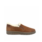 BONAVI Tiffany suede slip-on shoe in tan with natural fur trim, elastic side panels and lug sole, side view