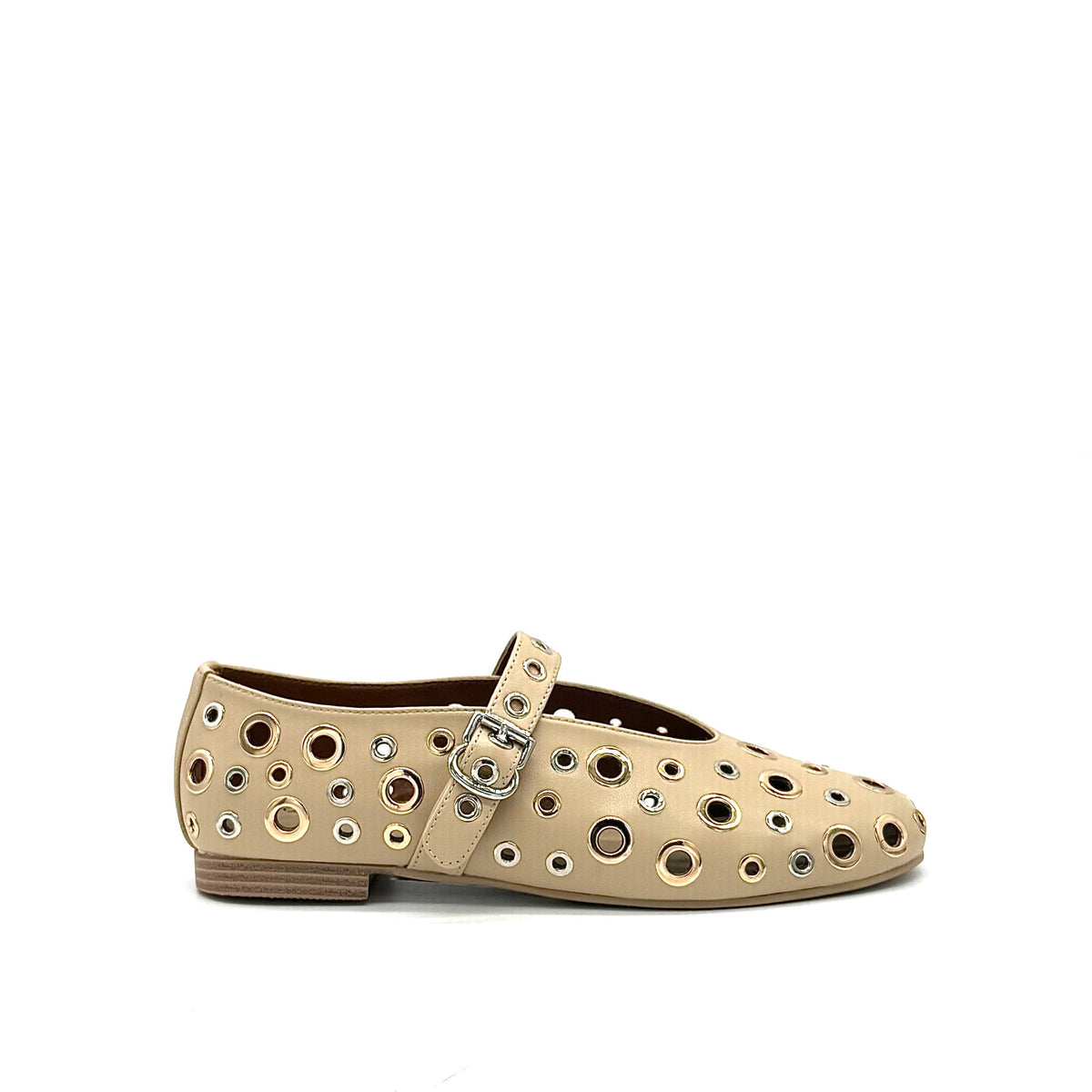 BONAVI Tinos leather ballet flats for women with studded eyelet design and Mary Jane strap in black and beige