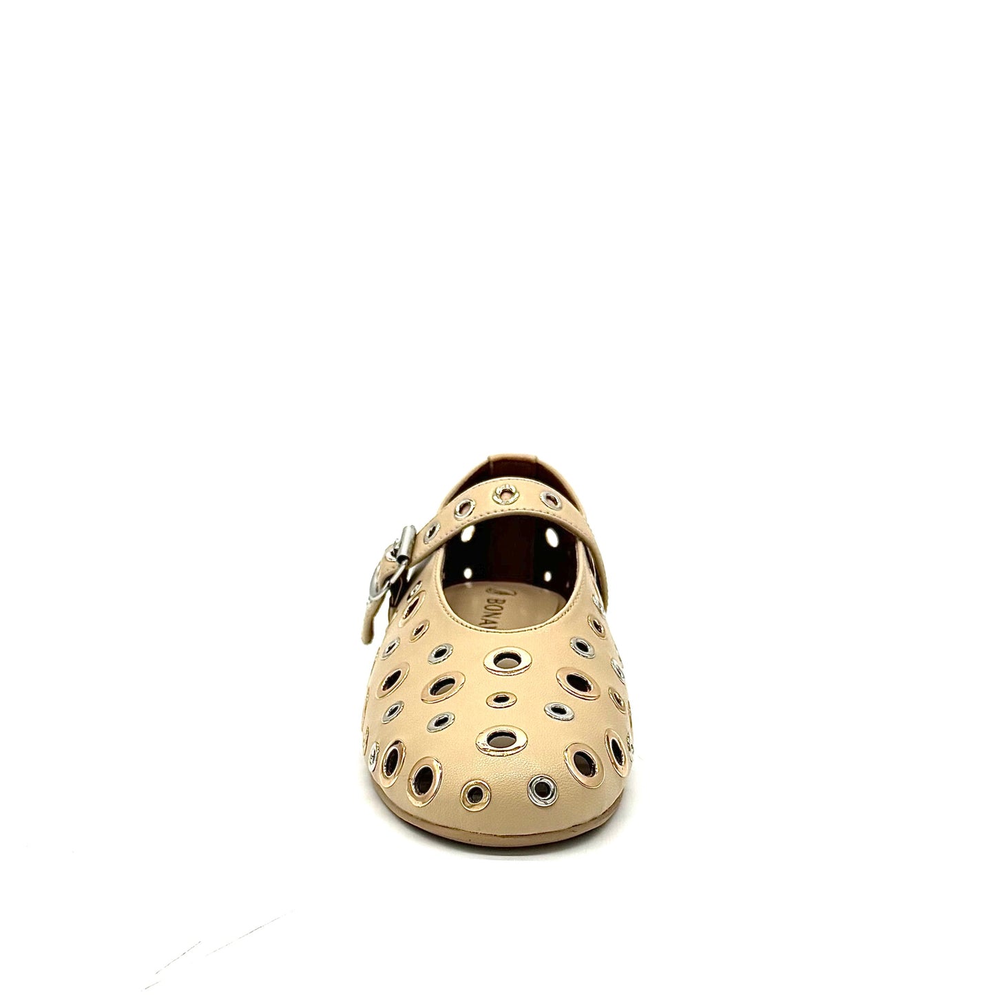 BONAVI Tinos leather ballet flats for women with studded eyelet design and Mary Jane strap in black and beige