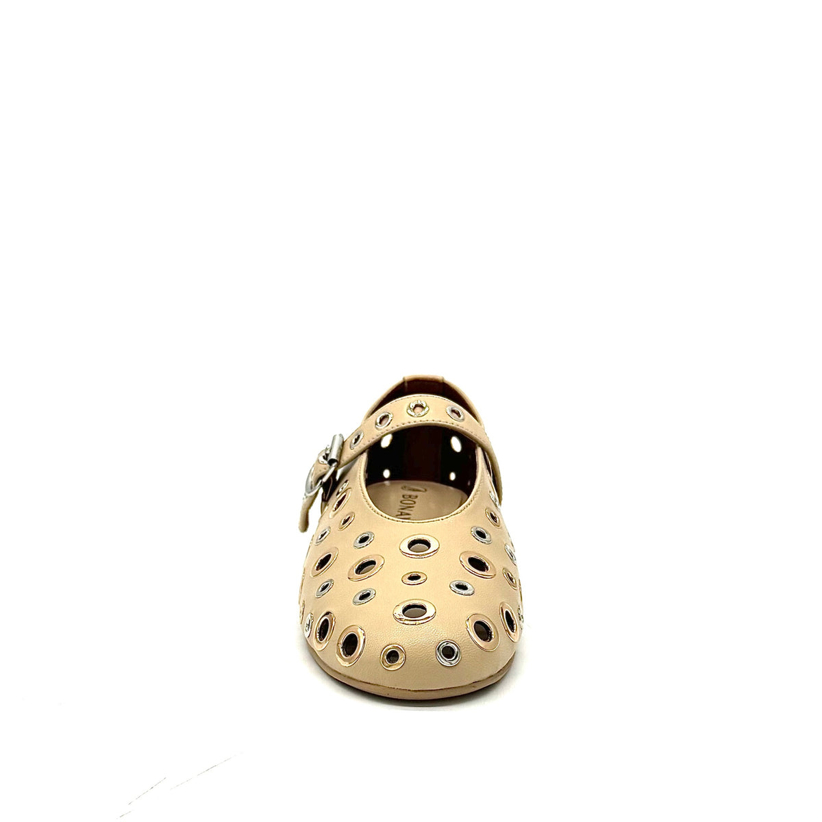 BONAVI Tinos leather ballet flats for women with studded eyelet design and Mary Jane strap in black and beige