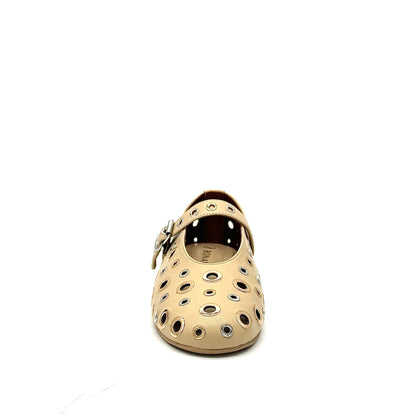 BONAVI Tinos leather ballet flats for women with studded eyelet design and Mary Jane strap in black and beige