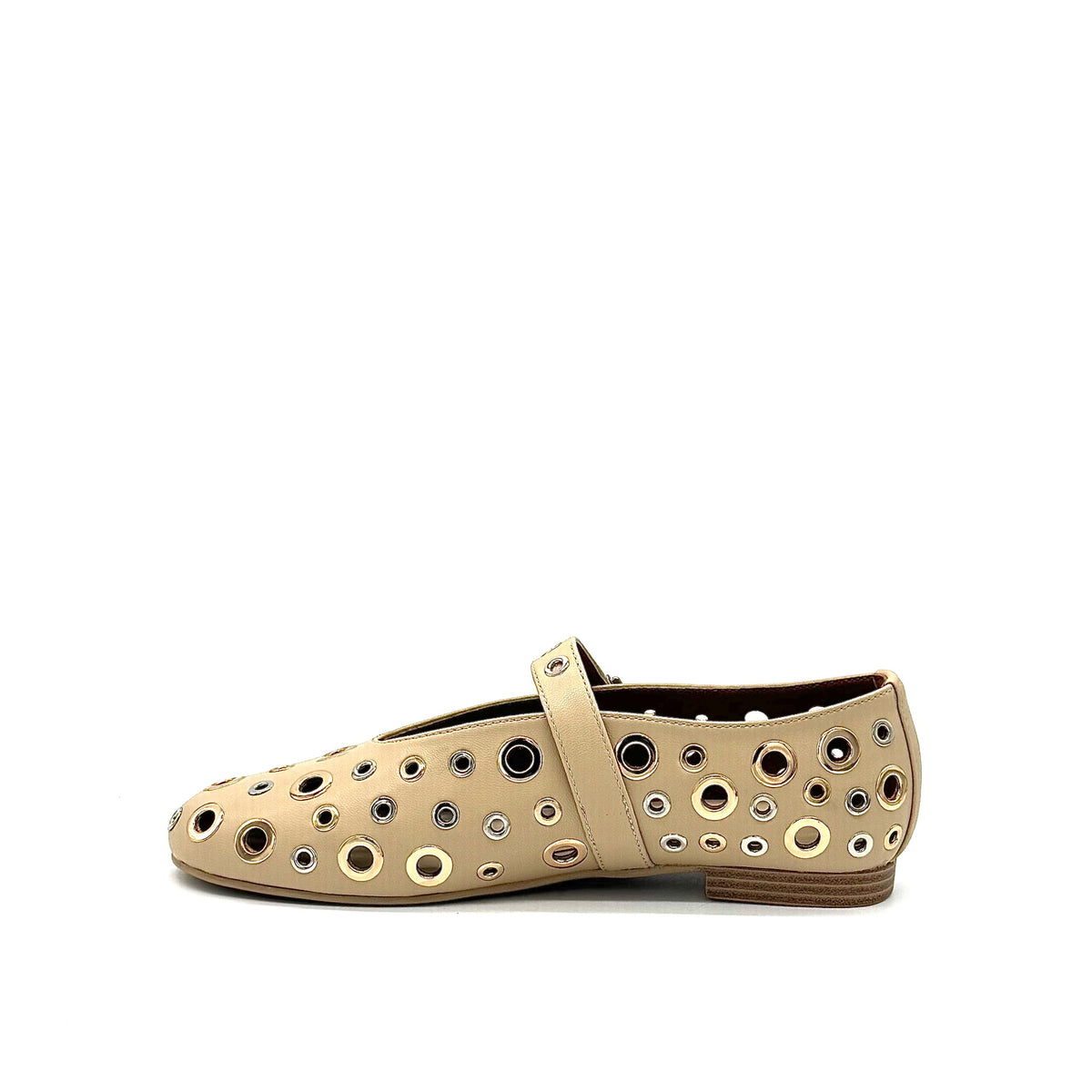 BONAVI Tinos leather ballet flats for women with studded eyelet design and Mary Jane strap in black and beige