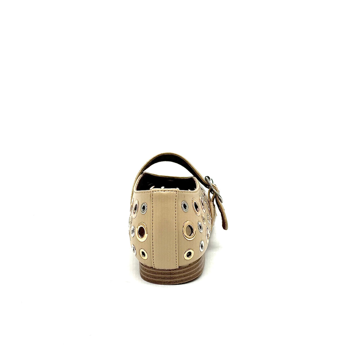 BONAVI Tinos leather ballet flats for women with studded eyelet design and Mary Jane strap in black and beige