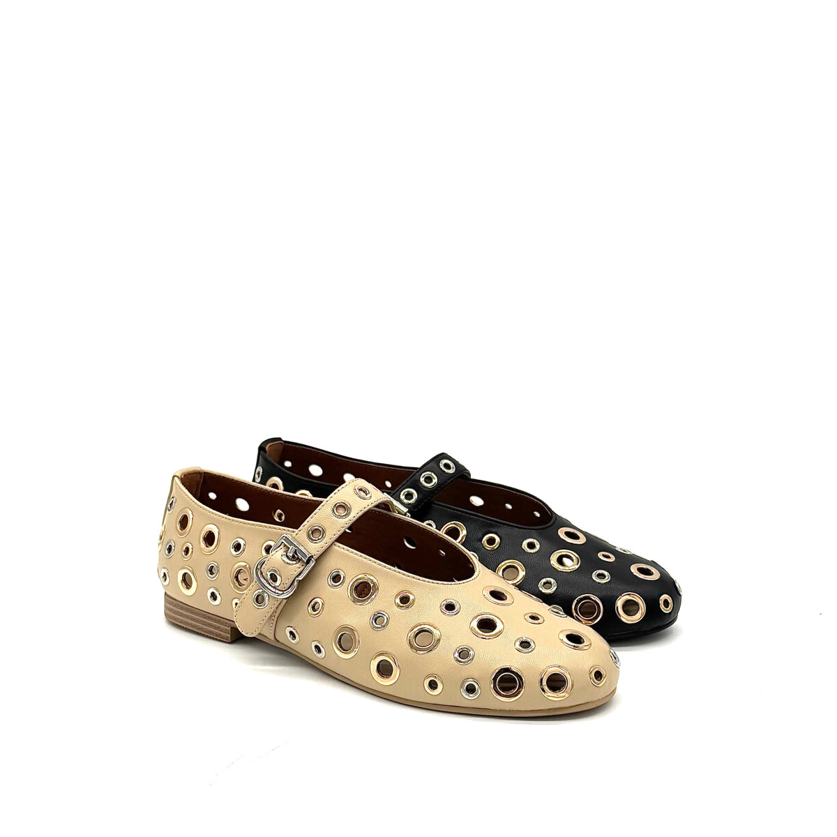 BONAVI Tinos leather ballet flats for women with studded eyelet design and Mary Jane strap in black and beige