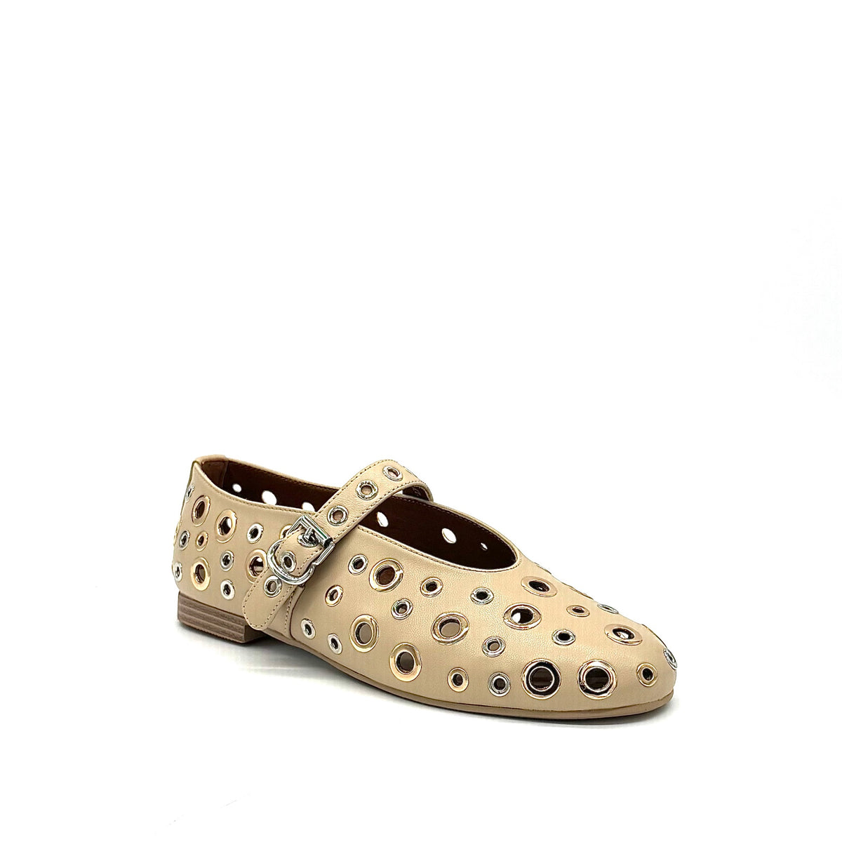 BONAVI Tinos leather ballet flats for women with studded eyelet design and Mary Jane strap in black and beige